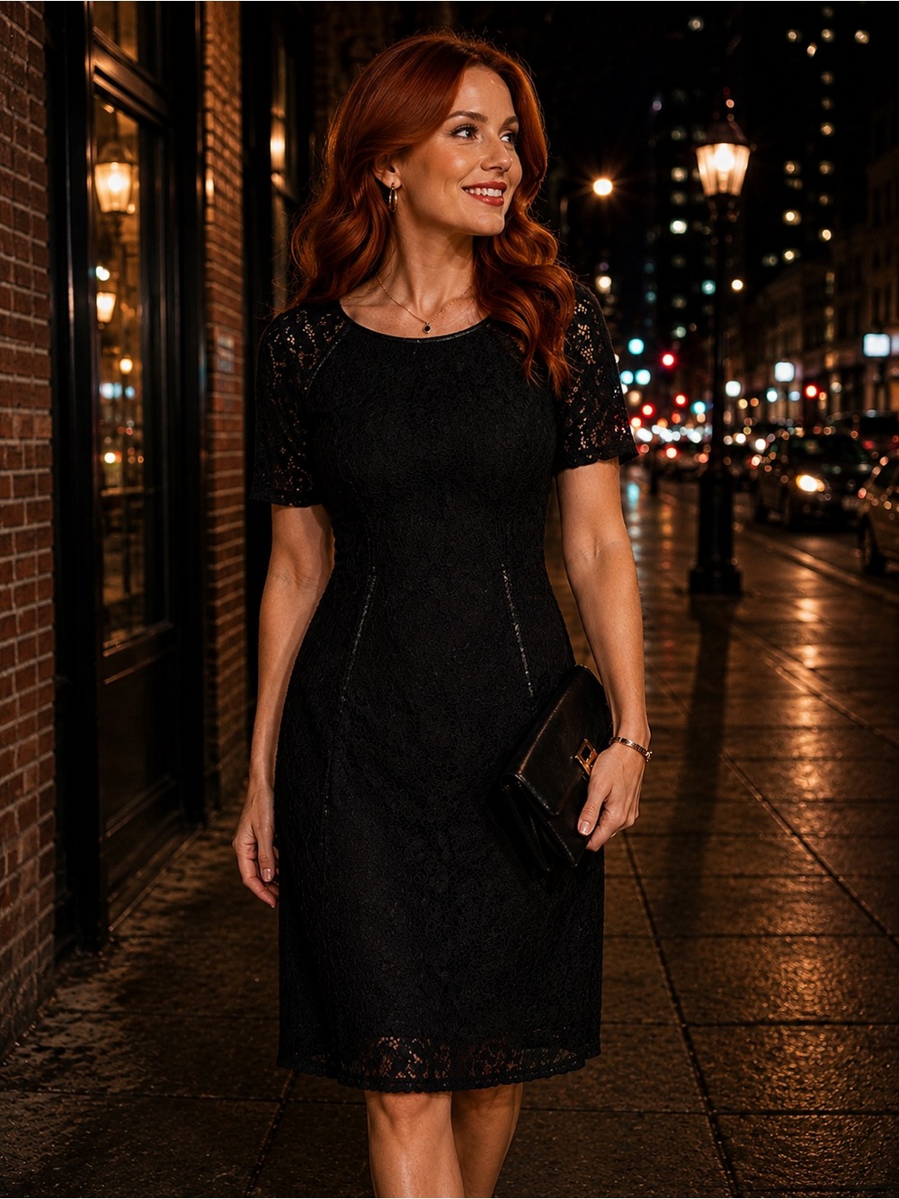 Ralph Lauren Black Lace Midi Dress with Short Sleeves